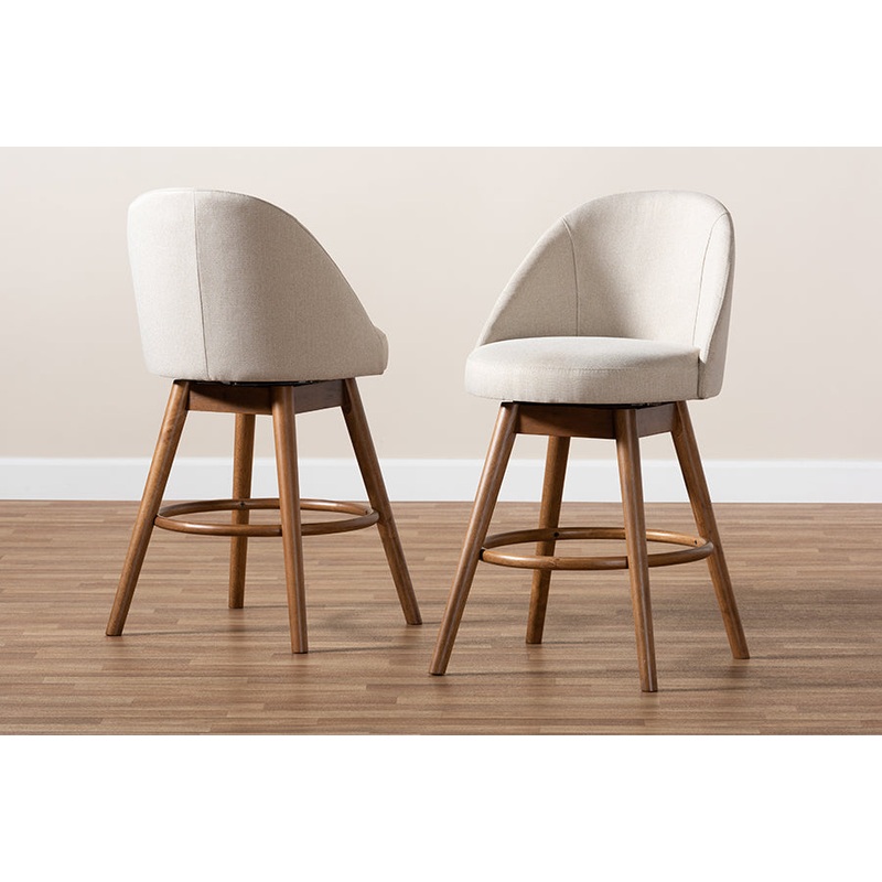 Baxton Studio Carra Mid-Century Modern Light Beige Fabric Upholstered Walnut-Finished Wood Swivel Counter Stool Set of 2