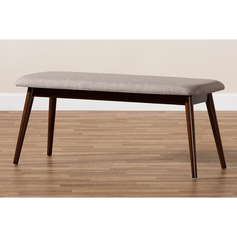 Baxton Studio Flora Mid-Century Modern Light Grey Fabric Upholstered Walnut Finished Wood Dining Bench