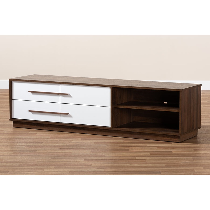 Baxton Studio Mette Mid-Century Modern Two-Tone White and Walnut Finished 4-Drawer Wood TV Stand