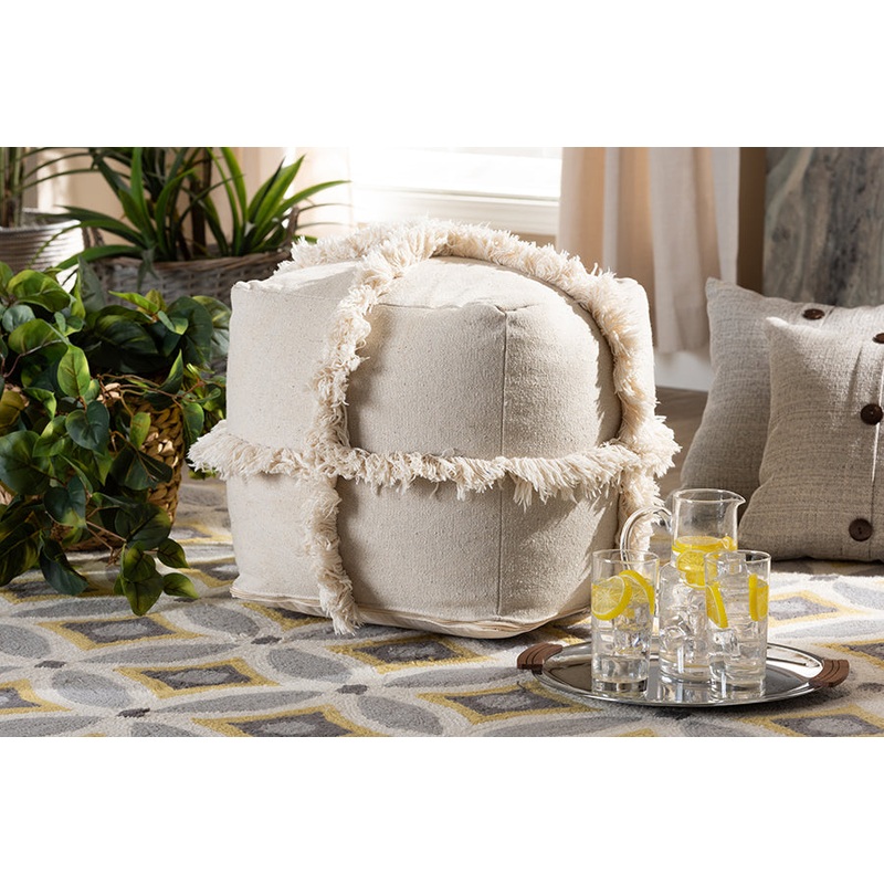 Baxton Studio Alfro Moroccan Inspired Beige Handwoven Cotton Fringe Pouf Ottoman