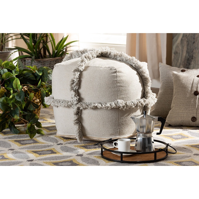 Baxton Studio Alfro Moroccan Inspired Grey Handwoven Cotton Fringe Pouf Ottoman