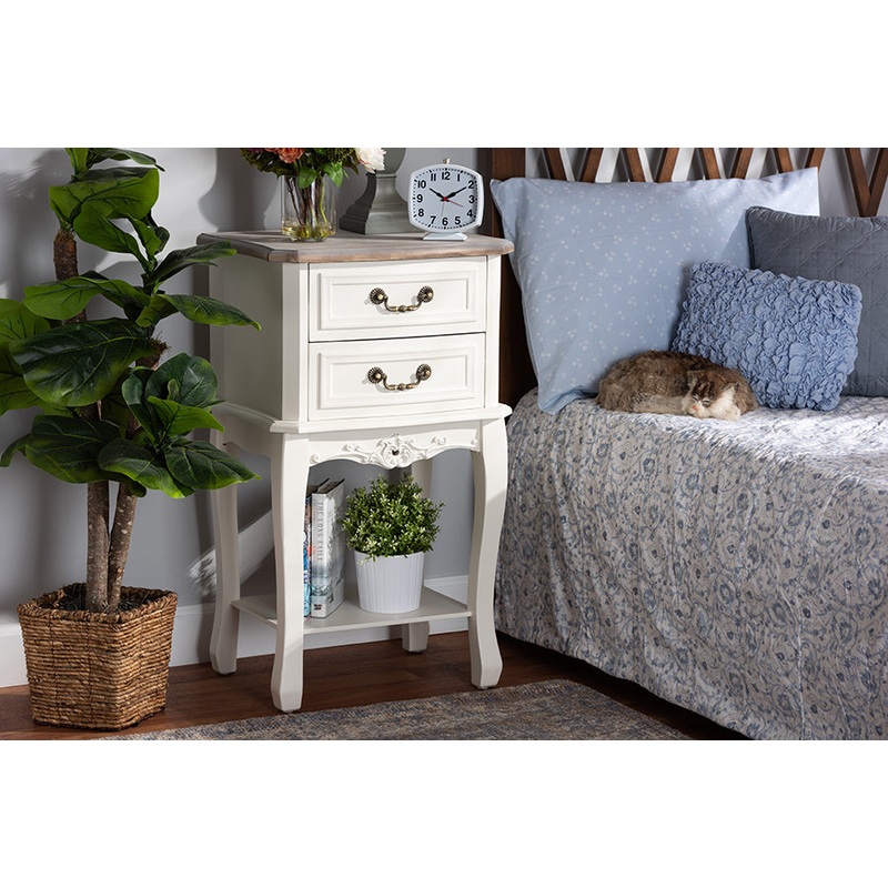 Baxton Studio Amalie Antique French Country Cottage Two-Tone White and Oak Finished 2-Drawer Wood Nightstand