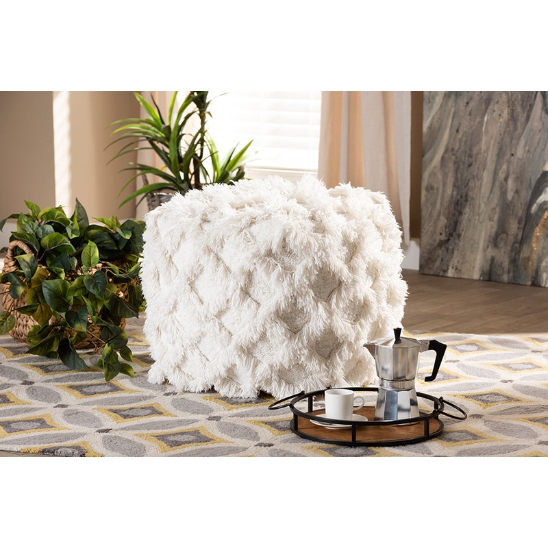 Baxton Studio Asuka Moroccan Inspired Ivory Handwoven Cotton Fringe Pouf Ottoman