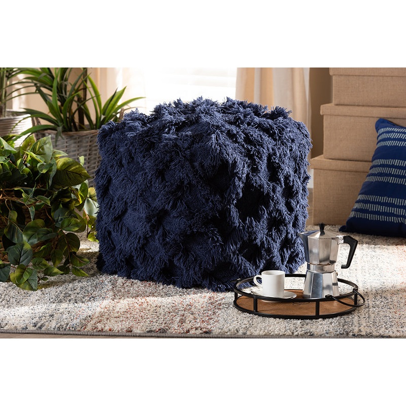 Baxton Studio Asuka Moroccan Inspired Navy Handwoven Cotton Fringe Pouf Ottoman
