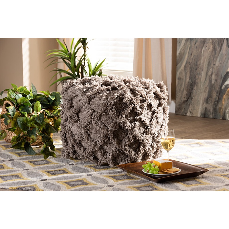 Baxton Studio Asuka Moroccan Inspired Taupe Handwoven Cotton Fringe Pouf Ottoman