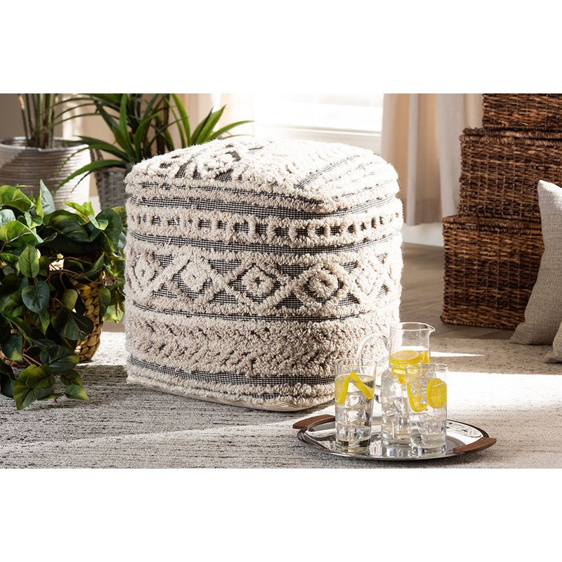 Baxton Studio Cronin Moroccan Inspired Beige and Brown Handwoven Hemp Pouf Ottoman