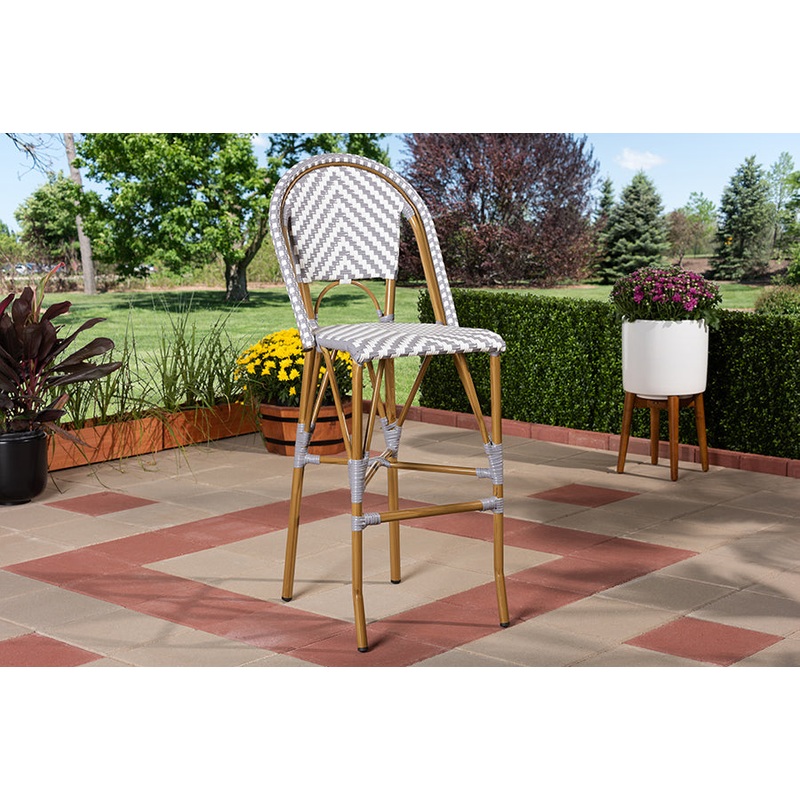 Baxton Studio Ilene Classic French Indoor and Outdoor Grey and White Bamboo Style Stackable Bistro Bar Stool
