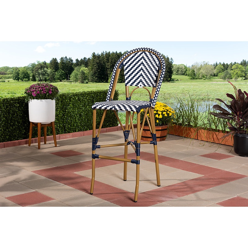 Baxton Studio Ilene Classic French Indoor and Outdoor White and Blue Bamboo Style Stackable Bistro Bar Stool
