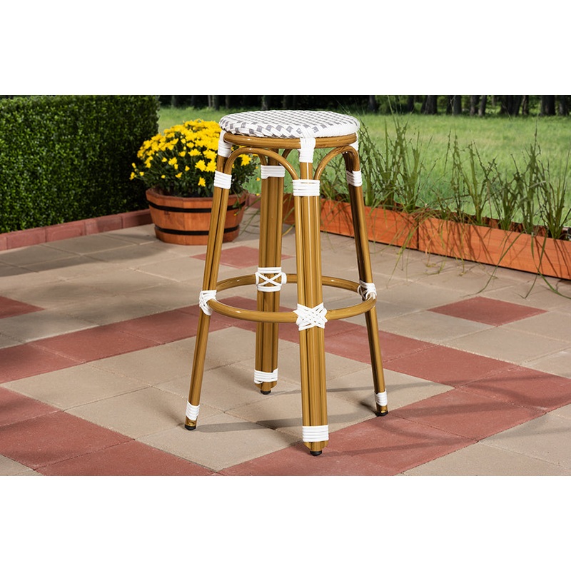 Baxton Studio Joelle Classic French Indoor and Outdoor Grey and White Bamboo Style Stackable Bistro Bar Stool