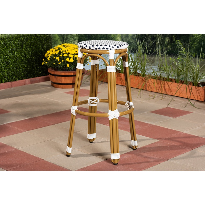 Baxton Studio Joelle Classic French Indoor and Outdoor Navy and White Bamboo Style Stackable Bistro Bar Stool