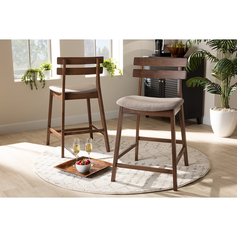 Baxton Studio Larine Modern and Contemporary Light Grey Fabric Upholstered Walnut Finished 2-Piece Wood Counter Stool Set