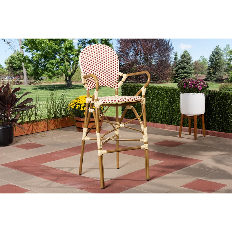 Baxton Studio Marguerite Classic French Indoor and Outdoor Beige and Red Bamboo Style Stackable Bistro Bar Stool