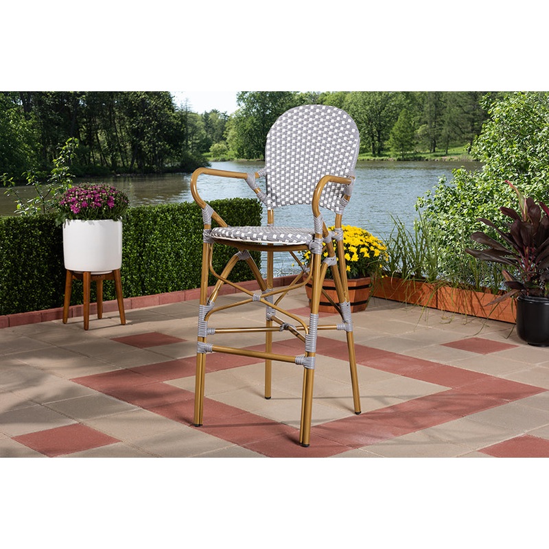 Baxton Studio Marguerite Classic French Indoor and Outdoor Grey and White Bamboo Style Bistro Stackable Bar Stool