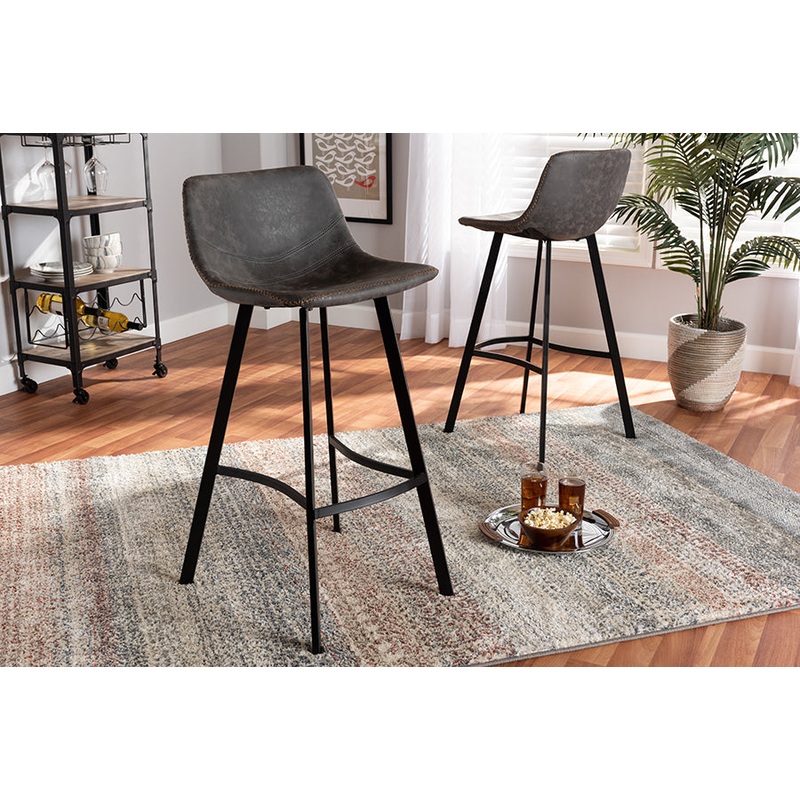 Baxton Studio Tani Rustic Industrial Grey and Brown Faux Leather Upholstered Black Finished 2-Piece Metal Bar Stool Set