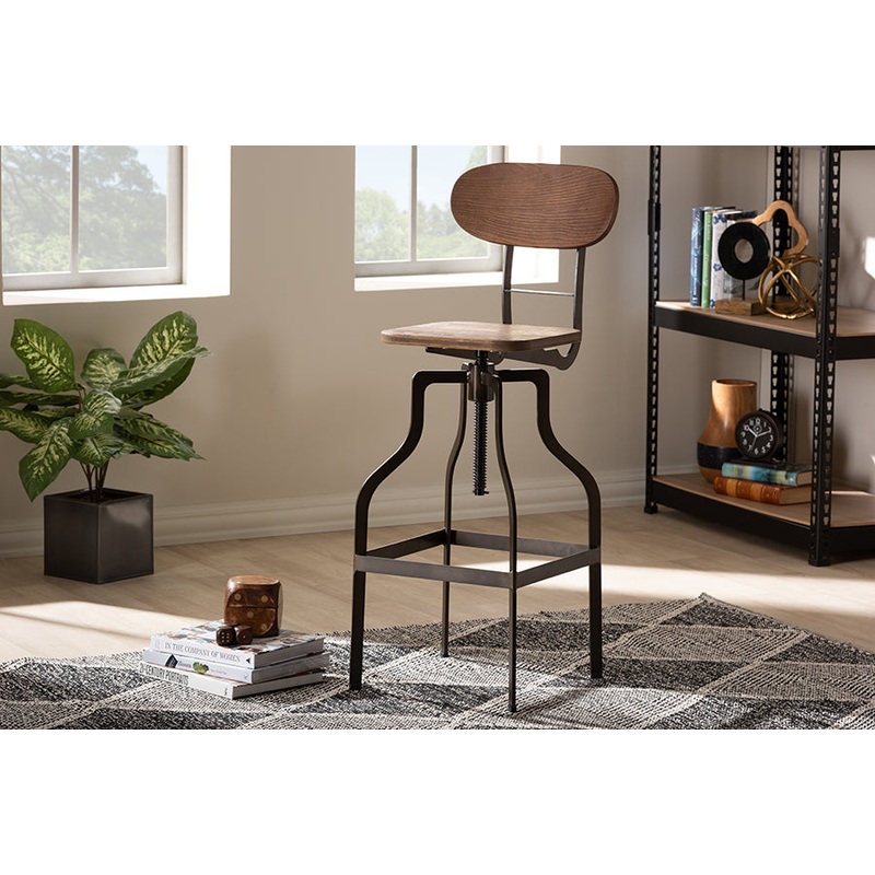 Baxton Studio Varek Vintage Rustic Industrial Style Wood and Rust-Finished Steel Adjustable Swivel Bar Stool