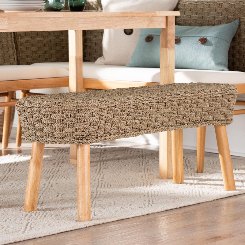 Baxton Studio bali & pari Denver Modern Bohemian Natural Seagrass and Acacia Wood Accent Bench