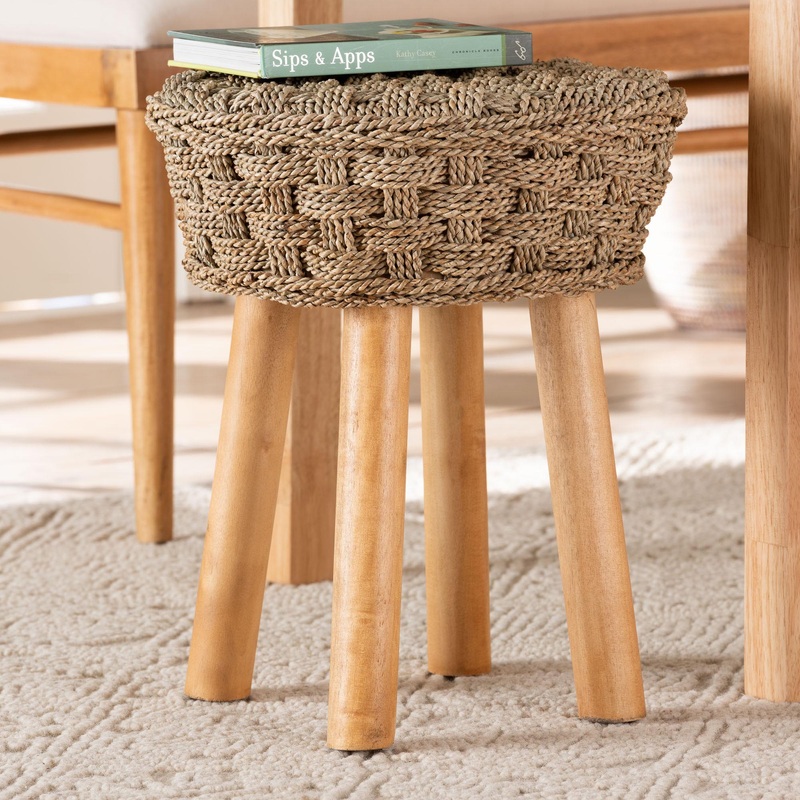 Baxton Studio bali & pari Denver Modern Bohemian Natural Seagrass and Acacia Wood Stool