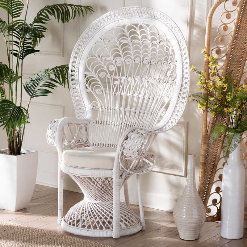 Baxton Studio bali & pari Kallima Modern Bohemian White Natural Rattan Peacock Chair