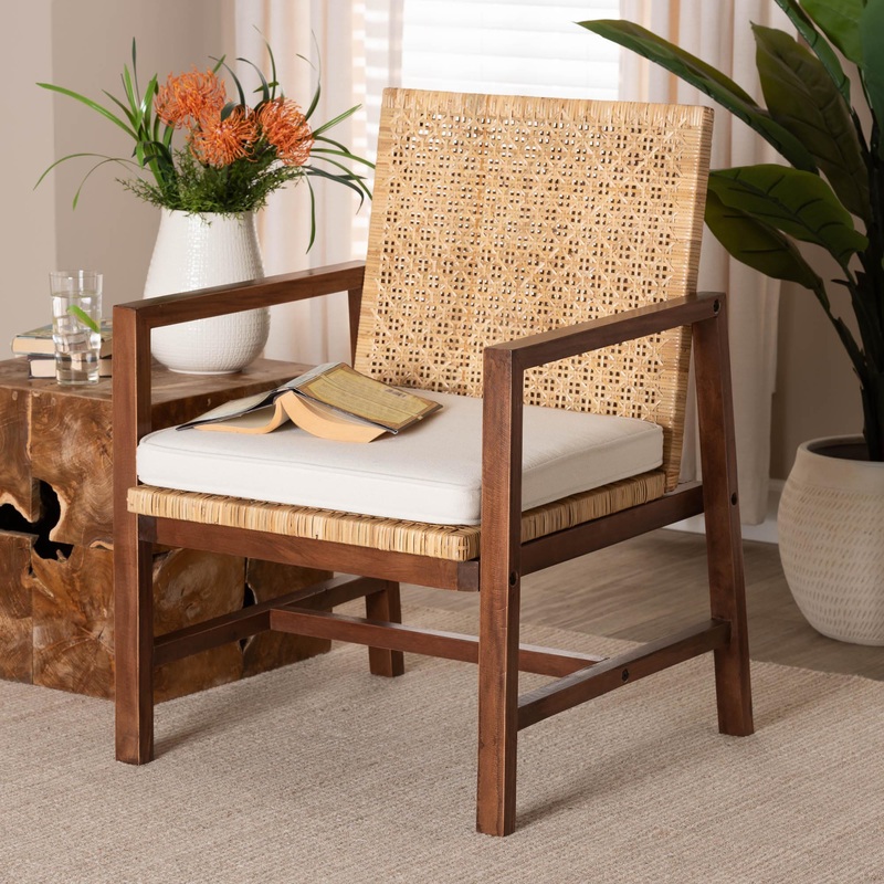 Baxton Studio bali & pari Lovina Bohemian Light Honey Rattan and Acacia Wood Arm Chair