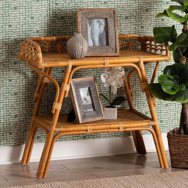 Baxton Studio bali & pari Nayana Modern Bohemian Natural Rattan 2-Tier Console Table