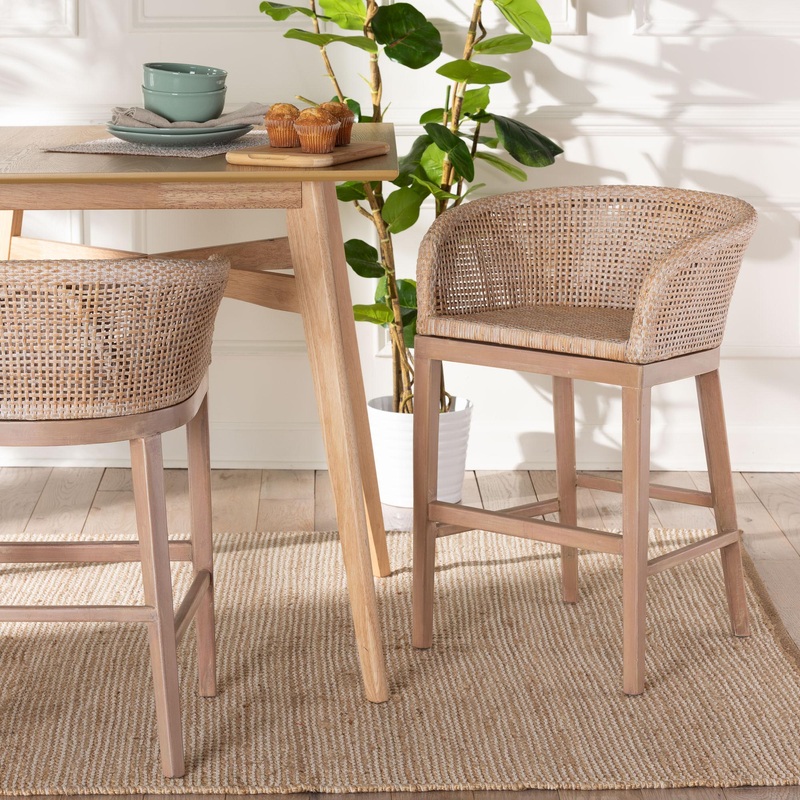 Baxton Studio bali & pari Papua Modern Bohemian Antique White Washed Rattan and Mahogany Wood Counter Stool