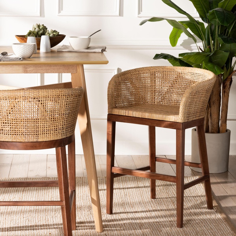 Baxton Studio bali & pari Papua Modern Bohemian Natural Rattan and Walnut Brown Acacia Wood Counter Stool
