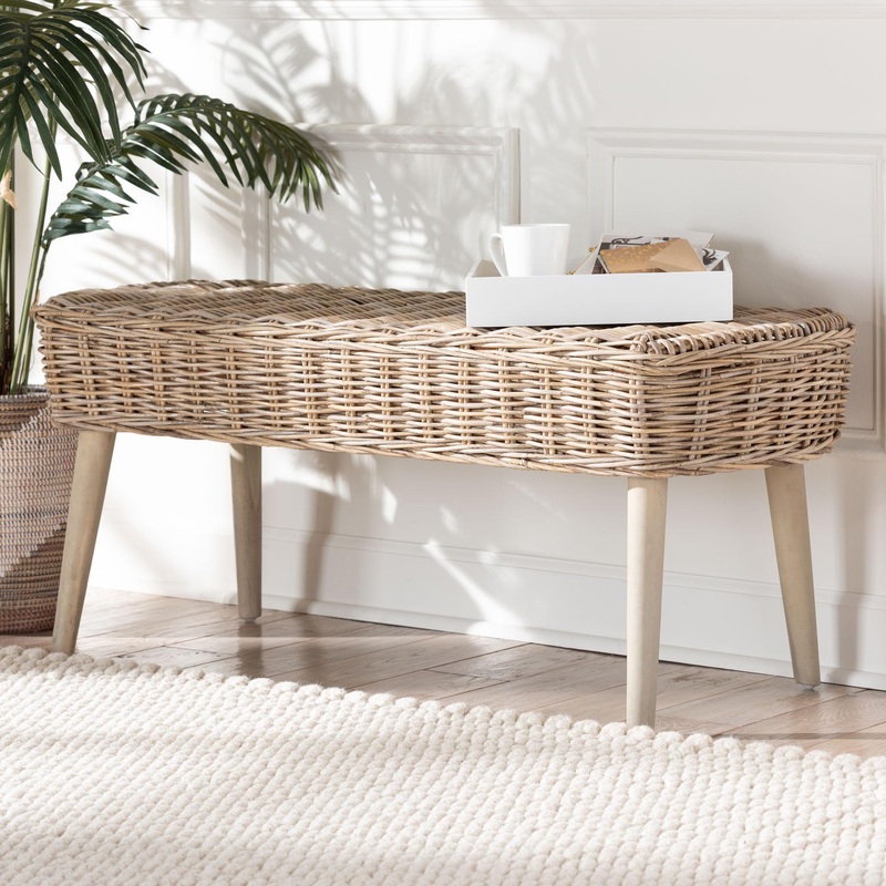 Baxton Studio bali & pari Raisa Modern Bohemian Natural Kubu Rattan and Grey Acacia Wood Accent Bench