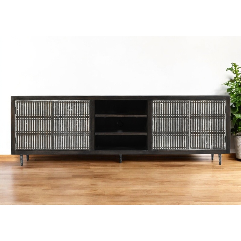 Dark Brown Carved Geometric Distressed Solid Wood Enclosed and Open Storage TV Stand By Homeroots