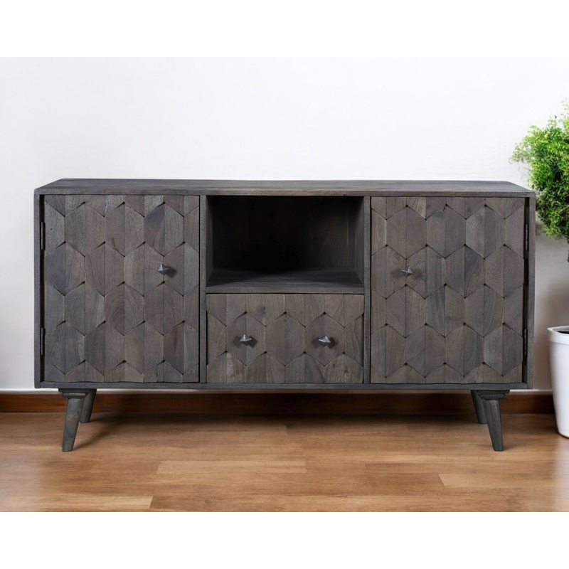 Dark Gray Carved Geometric Distressed Solid Wood Enclosed and Open Storage TV Stand By Homeroots