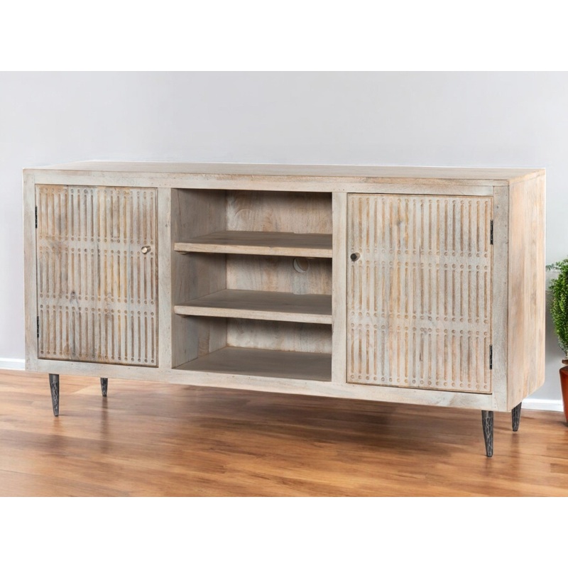 Ivory Carved Geometric Distressed Solid Wood Enclosed and Open Storage TV Stand By Homeroots