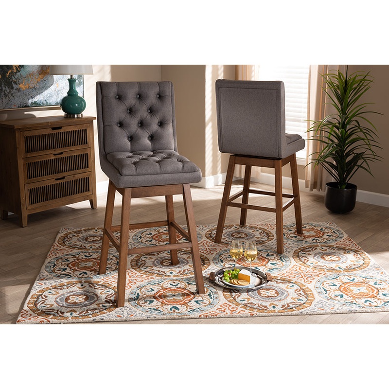 Baxton Studio Gregory Modern Transitional Grey Fabric Upholstered and Walnut Brown Finished Wood 2-Piece Swivel Bar Stool Set Set