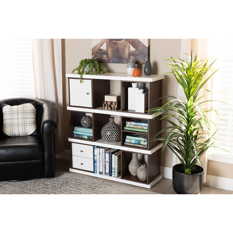Baxton Studio Rune Modern and Contemporary Two-Tone White and Walnut Brown Finished 2-Drawer Bookcase