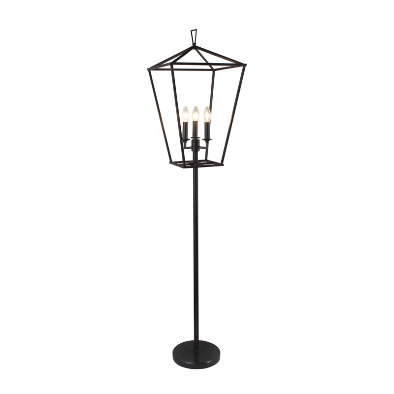 Black Three Light Floor Lamp With Black Geometric Shade By Homeroots
