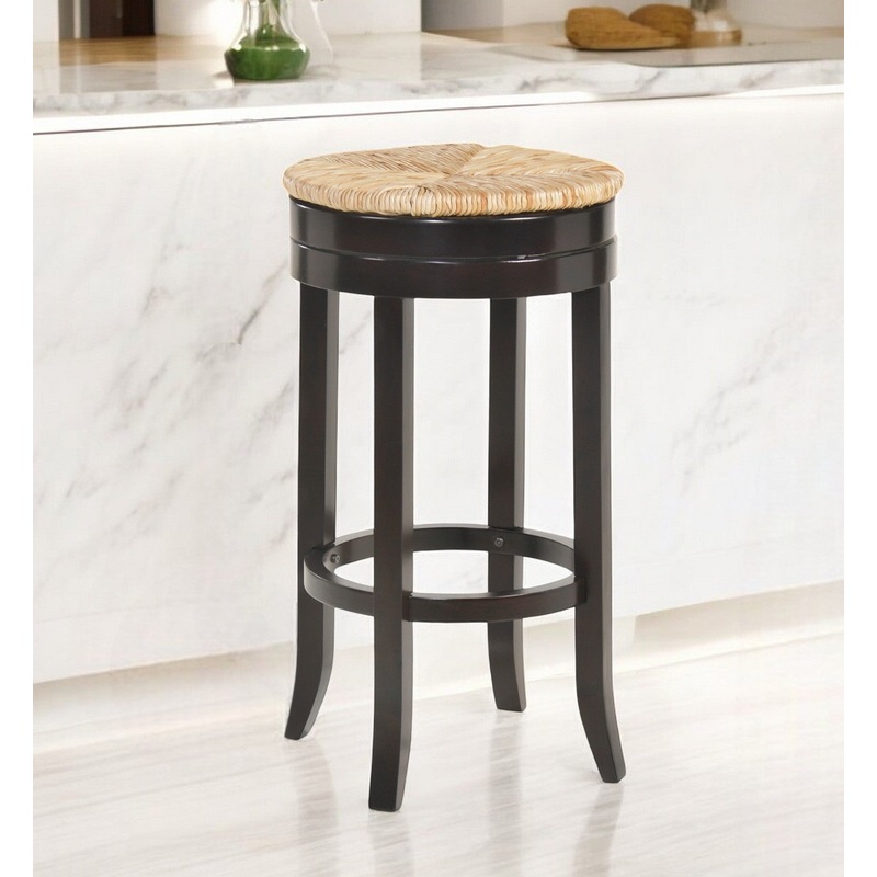 Natural and Espresso Rush and Solid Wood Backless Bar Height Swivel Bar Chair By Homeroots