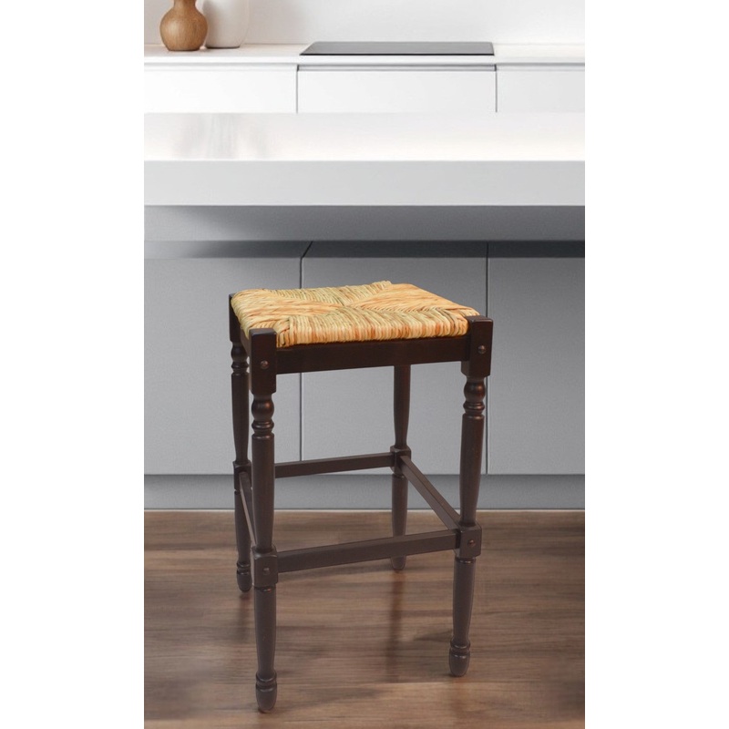 Natural and Espresso Wicker and Solid Wood Backless Bar Height Bar Chair By Homeroots