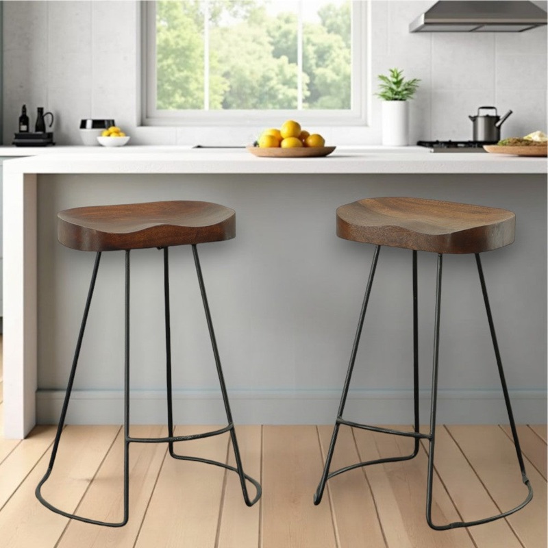 Set of Two Chestnut and Black Solid Wood and Steel Backless Counter Height Bar Chairs By Homeroots