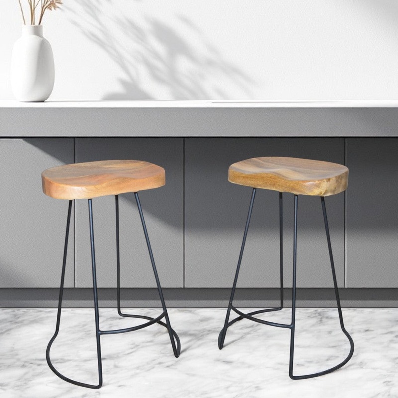 Set of Two Natural and Black Solid Wood and Steel Backless Counter Height Bar Chairs By Homeroots