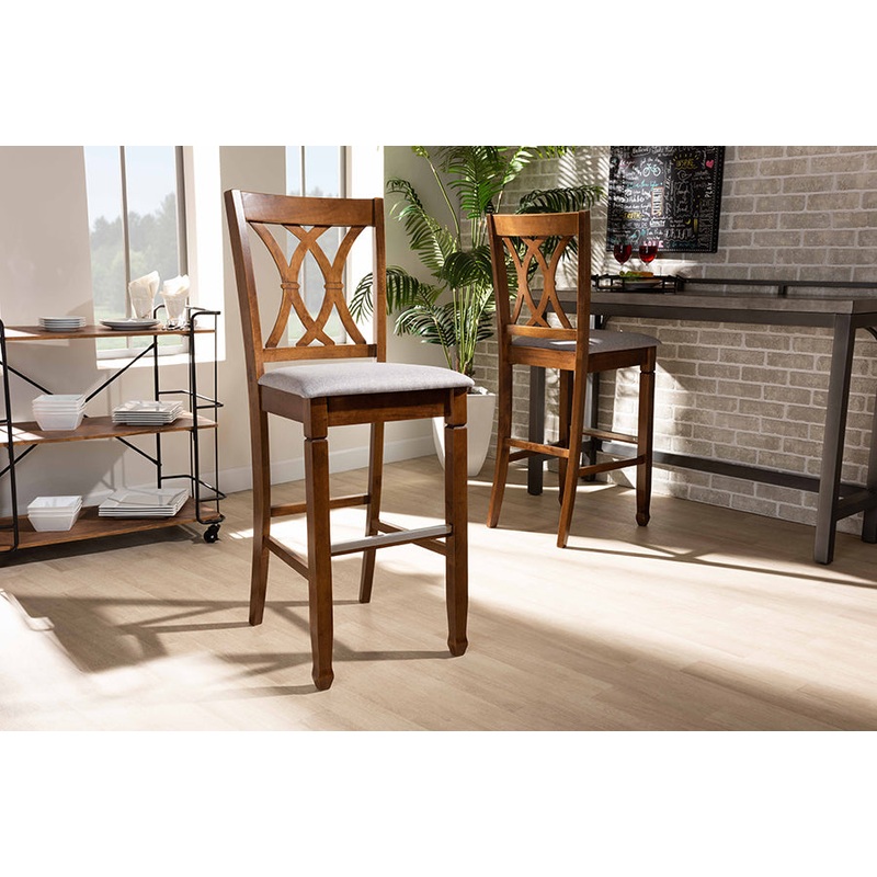 Baxton Studio Calista Modern and Contemporary Grey Fabric Upholstered and Walnut Brown Finished Wood 2-Piece Bar Stool Set