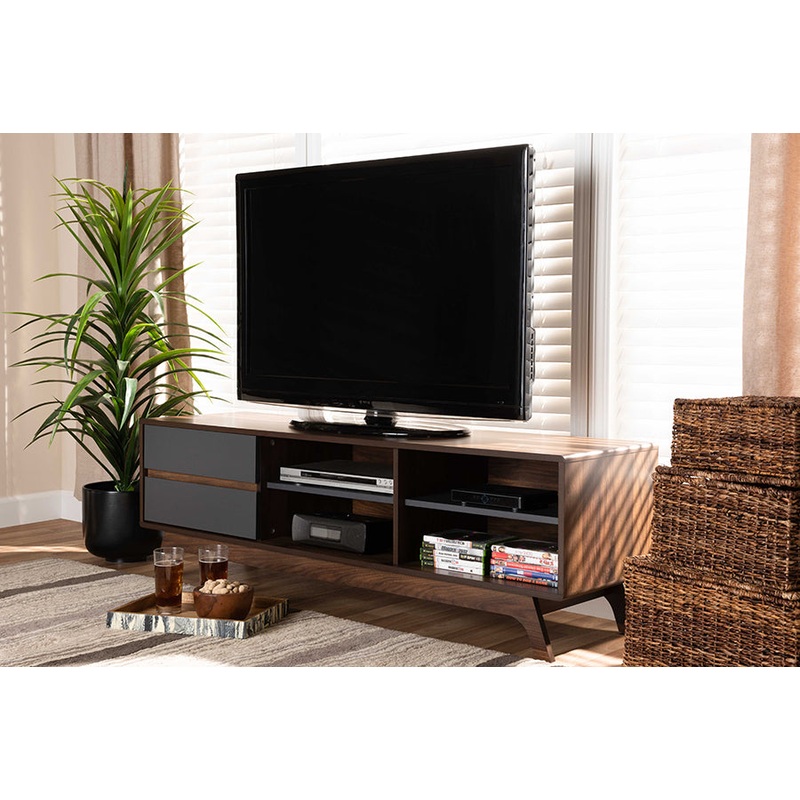 Baxton Studio Koji Mid-Century Modern Two-Tone Grey and Walnut Finished Wood 2-Drawer TV Stand