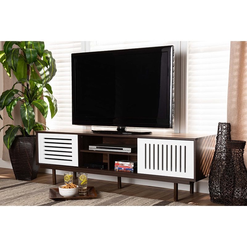 Baxton Studio Meike Mid-Century Modern Two-Tone Walnut Brown and White Finished Wood TV Stand