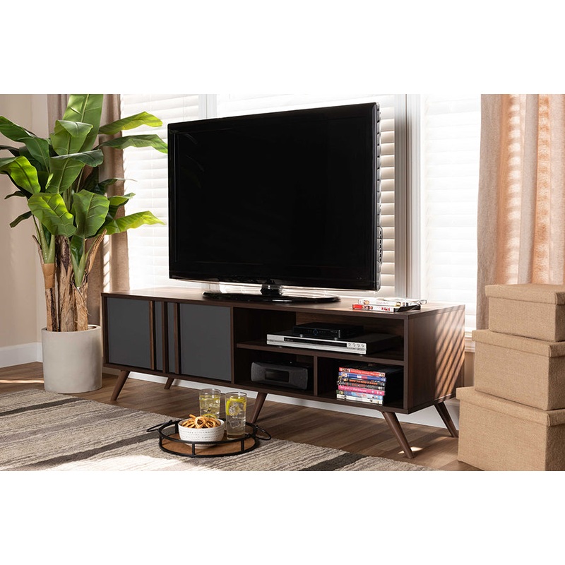 Baxton Studio Naoki Modern and Contemporary Two-Tone Grey and Walnut Finished Wood 2-Door TV Stand
