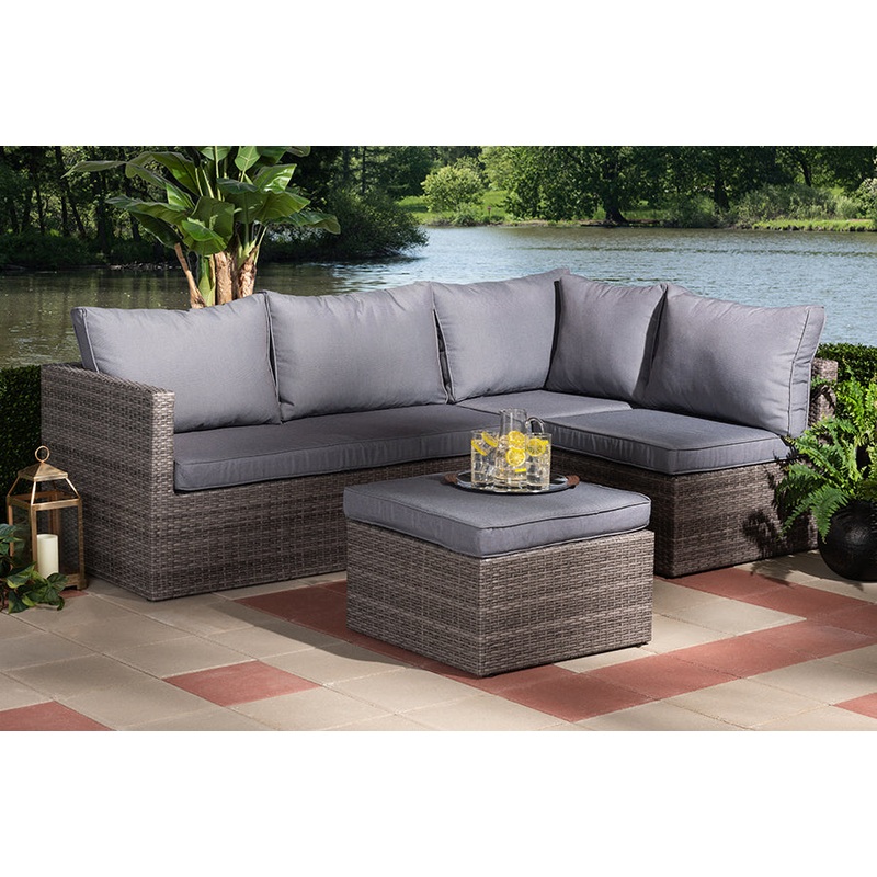 Baxton Studio Pamela Modern and Contemporary Grey Polyester Upholstered and Brown Finished 4-Piece Woven Rattan Outdoor Patio Set