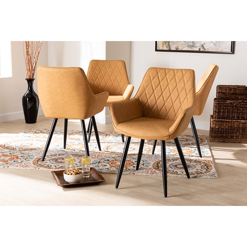 Baxton Studio Astrid Mid-Century Contemporary Tan Faux Leather Upholstered and Black Metal 4-Piece Dining Chair Set