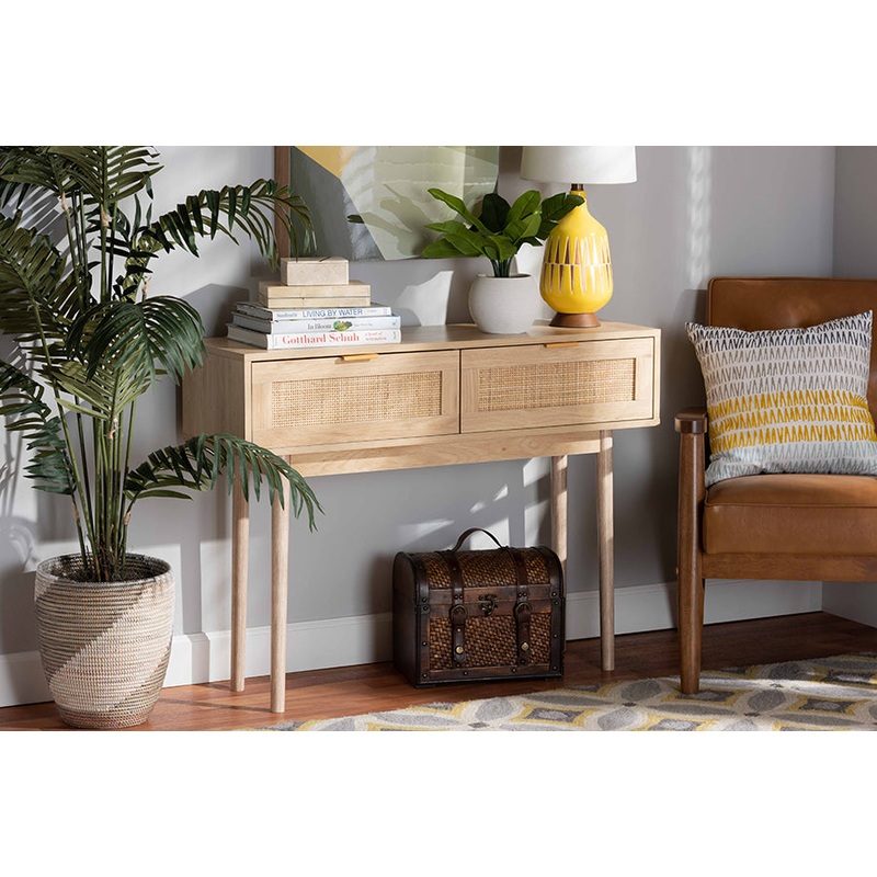 Baxton Studio Baird Mid-Century Modern Light Oak Brown Finished Wood and Rattan 2-Drawer Console Table