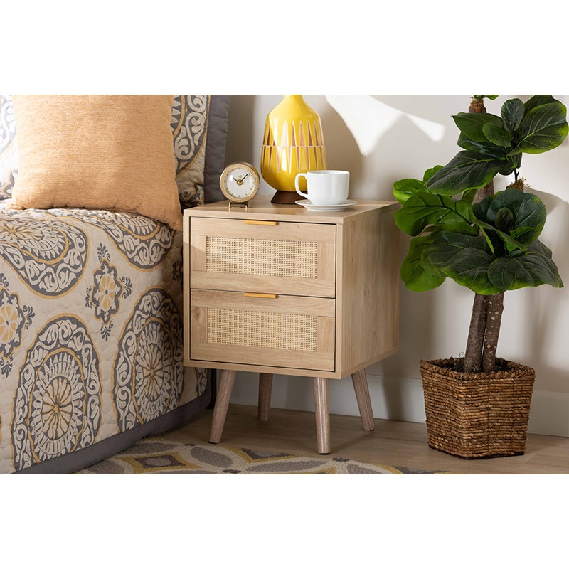 Baxton Studio Baird Mid-Century Modern Light Oak Brown Finished Wood and Rattan 2-Drawer Nightstand