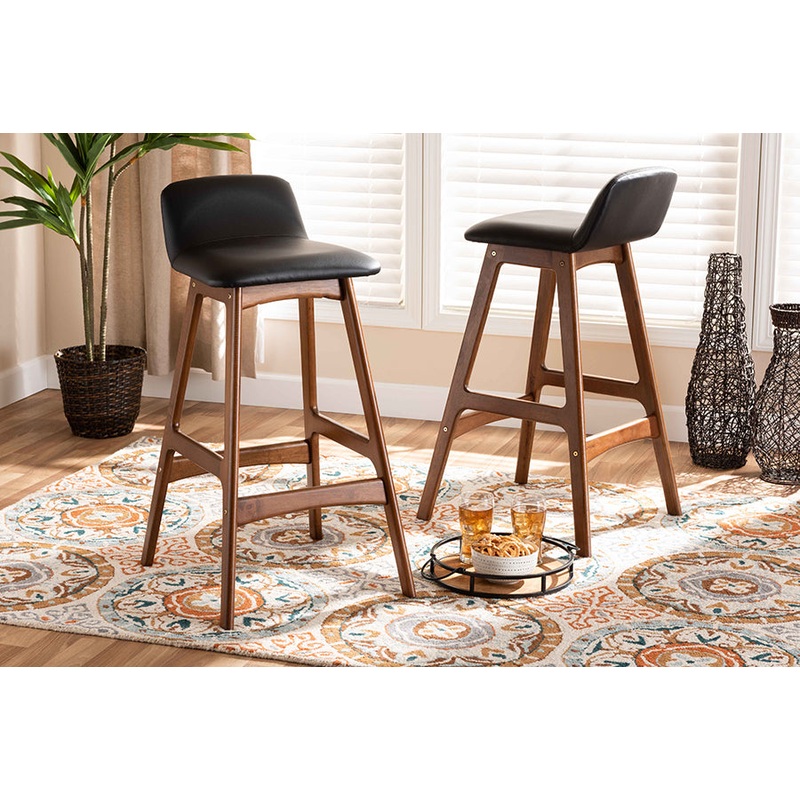 Baxton Studio Darrin Mid-Century Modern Black Faux Leather Upholstered and Walnut Brown Finished Wood 2-Piece Bar Stool Set