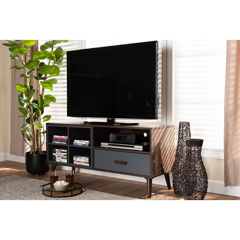 Baxton Studio Garrick Modern and Contemporary Two-Tone Grey and Walnut Brown Finished Wood 1-Drawer TV Stand