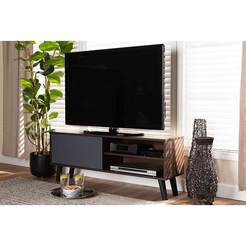 Baxton Studio Mallory Modern and Contemporary Two-Tone Walnut Brown and Grey Finished Wood TV Stand