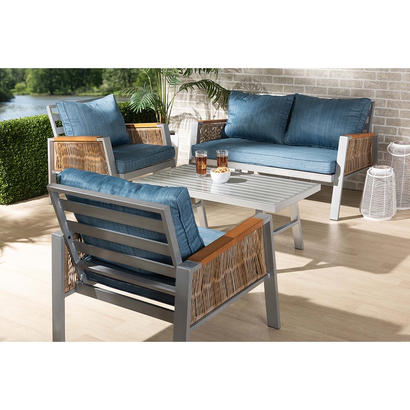 Baxton Studio Nicholson Modern and Contemporary Blue Fabric Upholstered and Grey Finished Metal with Brown Finished PE Rattan 4-Piece Outdoor Patio Lounge Set