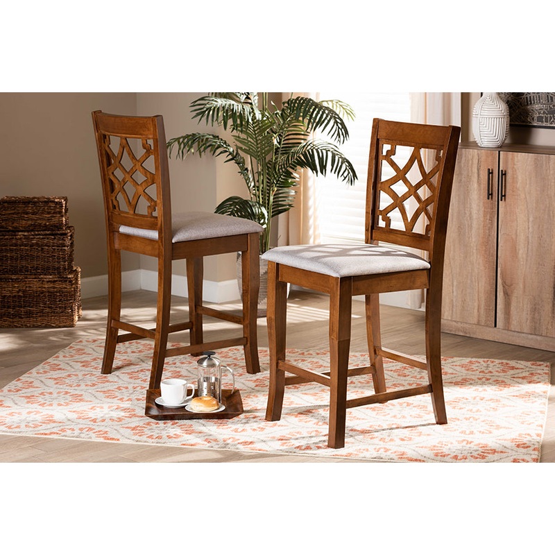 Baxton Studio Nisa Modern and Contemporary Grey Fabric Upholstered and Walnut Brown Finished Wood 2-Piece Counter Stool Set